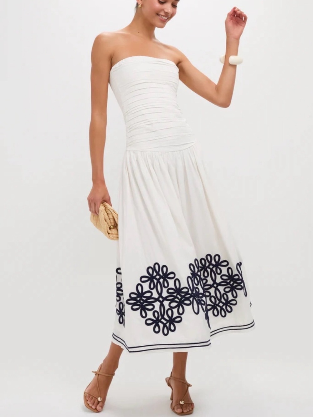 Carolina K. Gardenia Malla Floral Motif Trim Strapless Midi Dress size medium